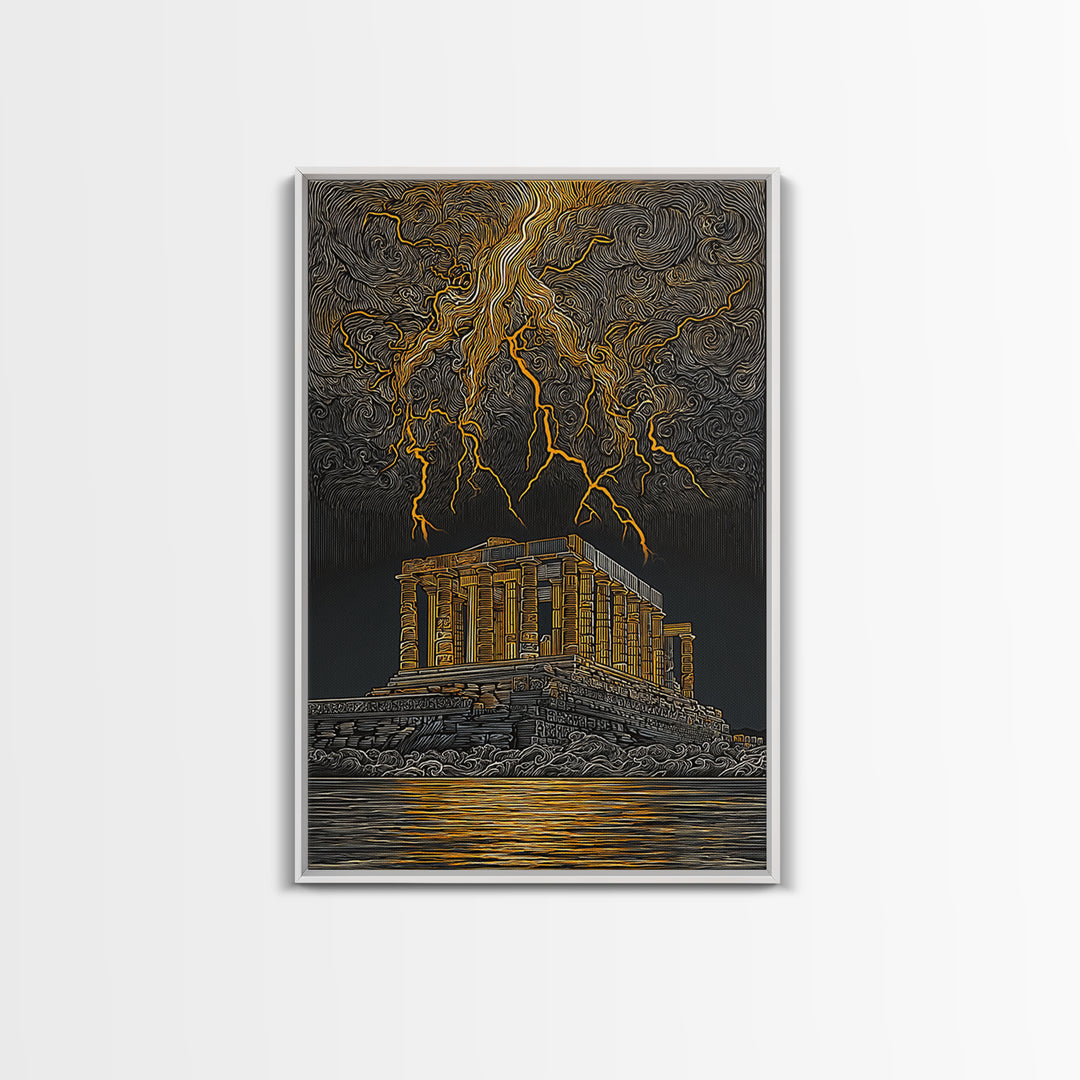 Parthenon With Lightning Storm, Dramatic Greek Myth Wall Art, Canvas Gold Canvas Print, Ancient Decor, Wood Frame