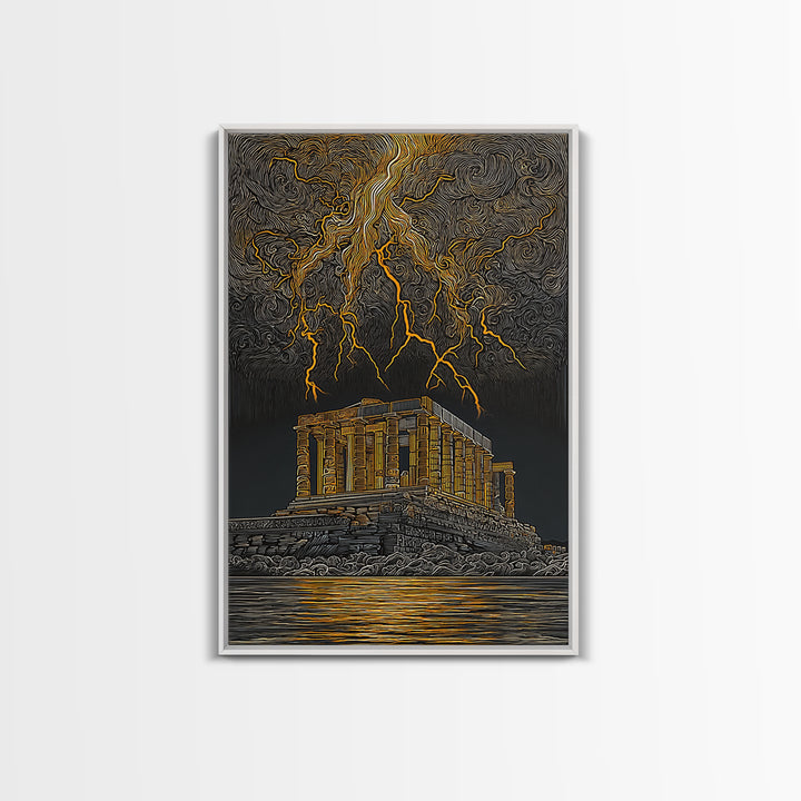 Parthenon With Lightning Storm, Dramatic Greek Myth Wall Art, Canvas Gold Canvas Print, Ancient Decor, Wood Frame