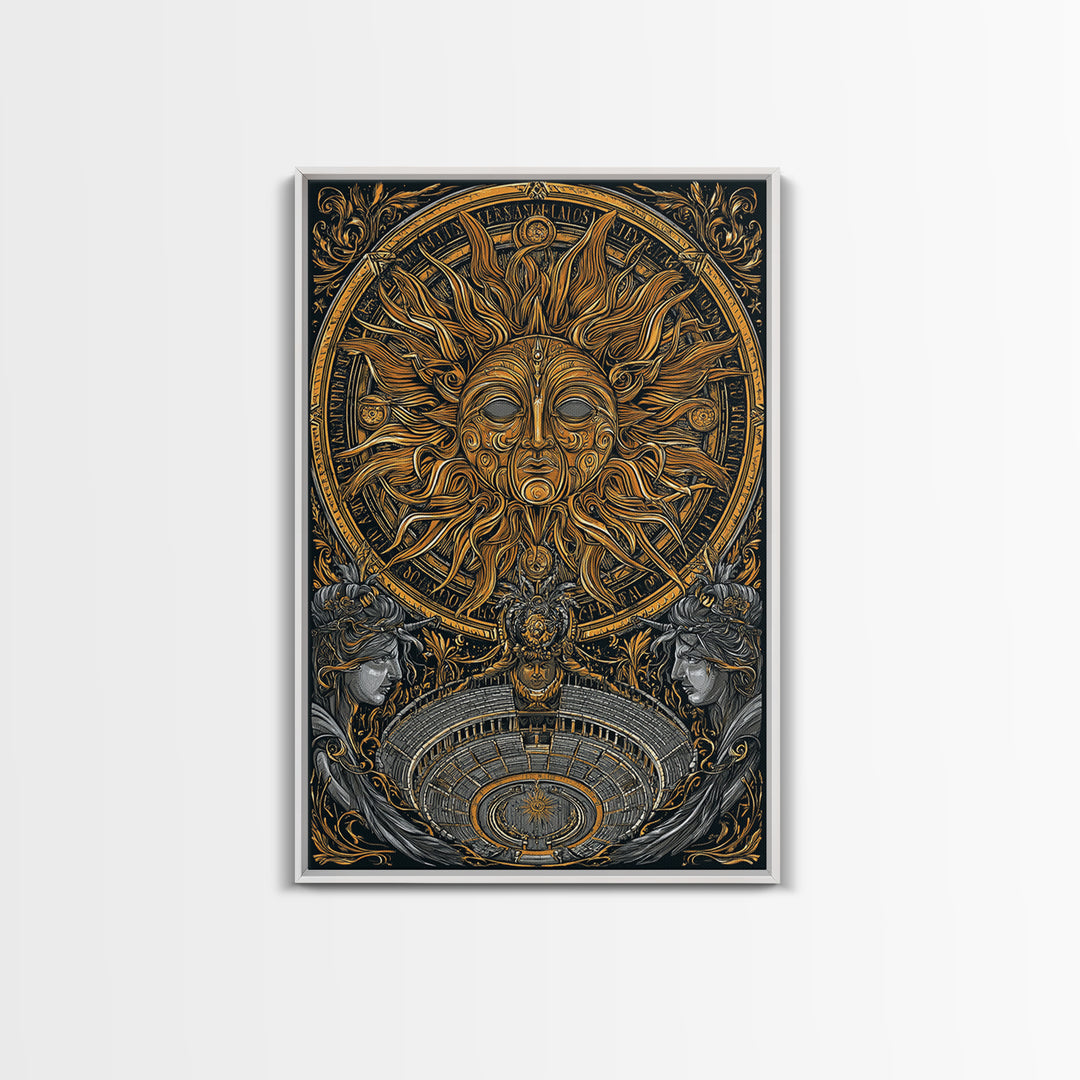 Sun God Face With Theater, Greek Mythology Wall Art, Canvas Gold Art, Dramatic Canvas Print, Celestial Decor, Wood Frame