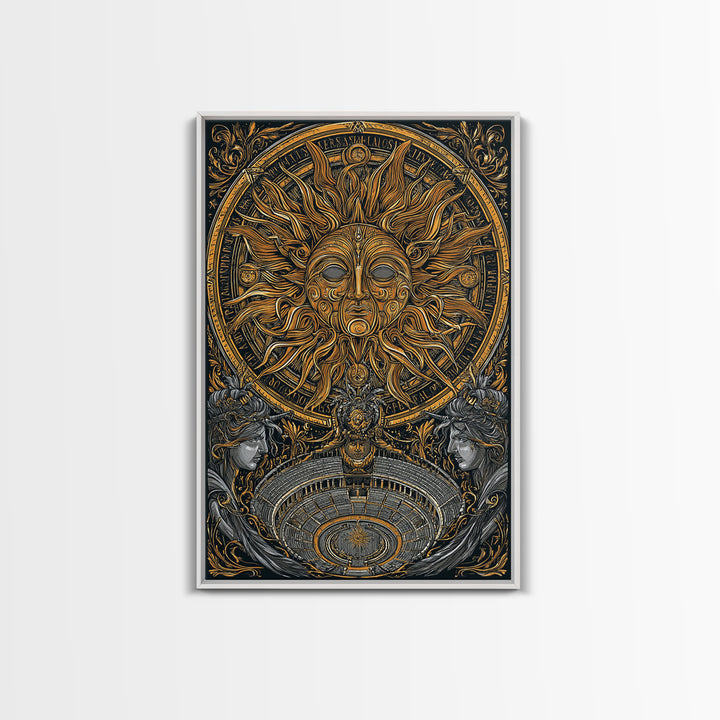 Sun God Face With Theater, Greek Mythology Wall Art, Canvas Gold Art, Dramatic Canvas Print, Celestial Decor, Wood Frame