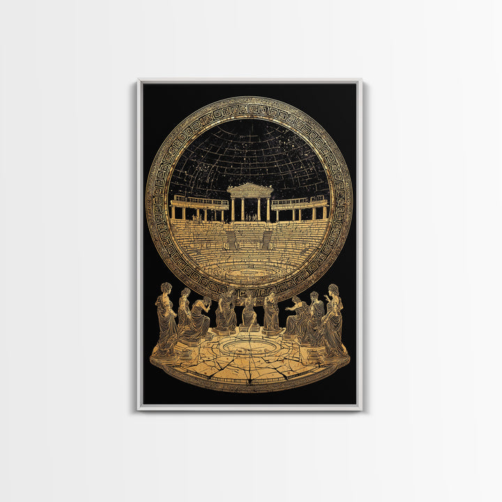 Greek Amphitheater With Muses, Ancient Mythology Wall Decor, Canvas Gold Canvas Print, Classical Art, Wood Frame