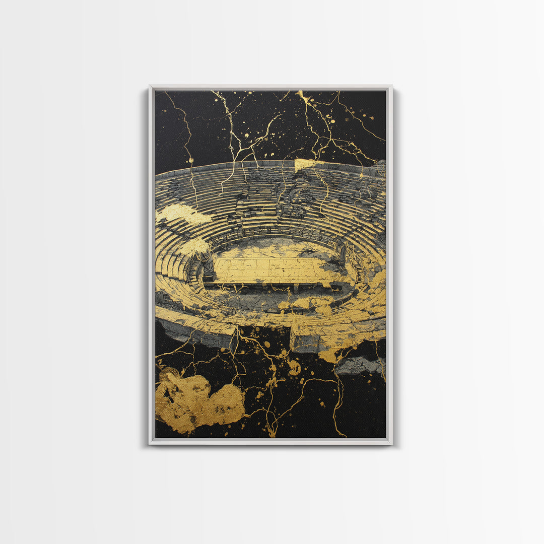 Ancient Theater Abstract, Splattered Canvas Gold Canvas Print, Greek Myth Wall Art, Dramatic Decor, Wood Frame