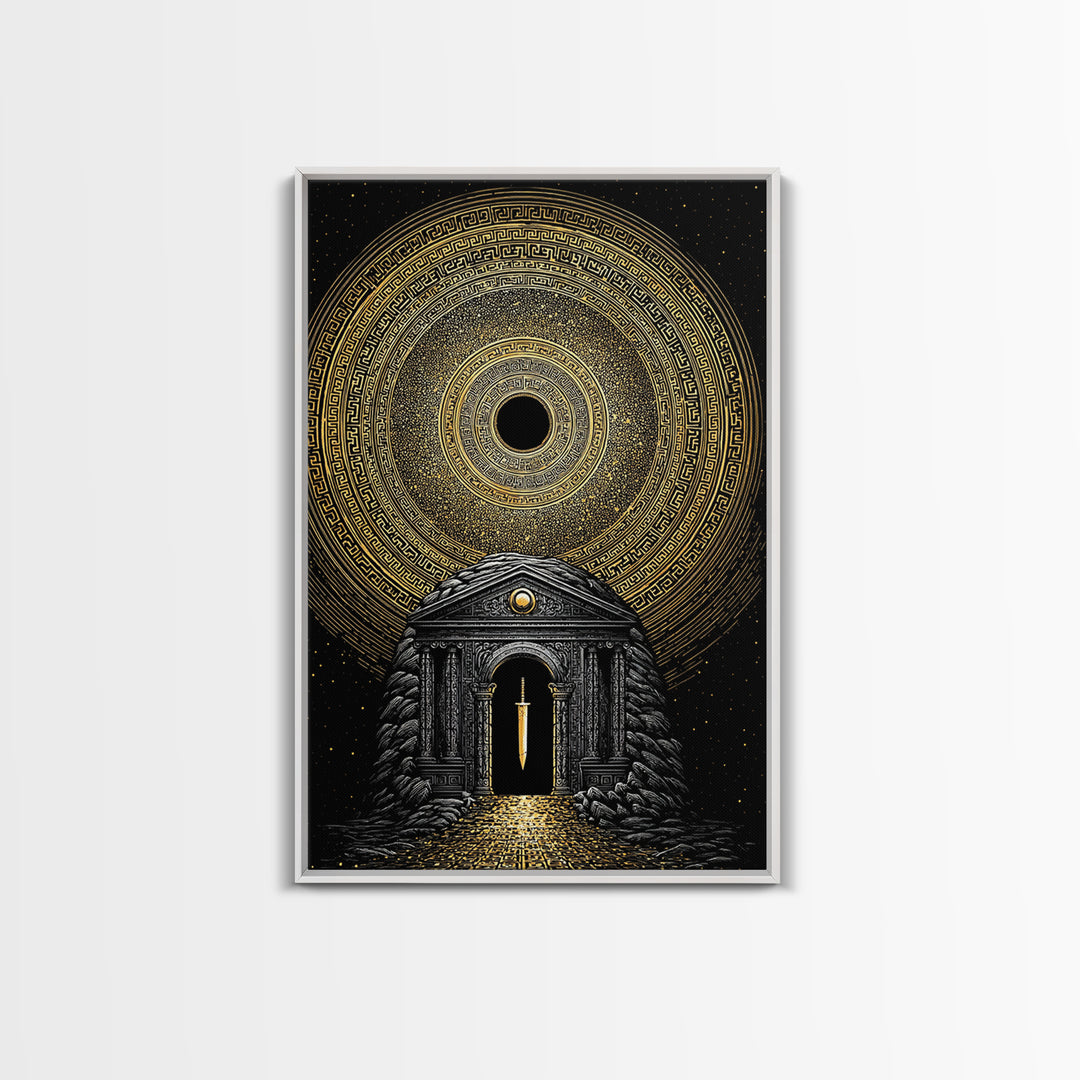 Sword Temple Cosmic Design, Mythology Wall Art, Canvas Gold Canvas Print, Fantasy Decor, Ancient Architecture, Wood Frame