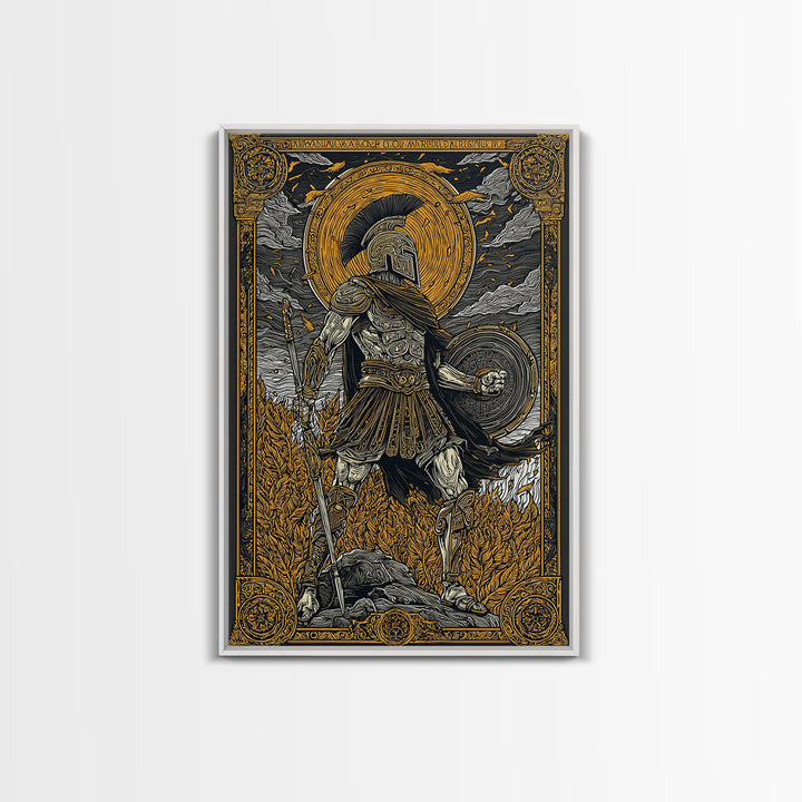Greek Warrior With Shield, Ancient Mythology Wall Art, Canvas Gold Canvas Print, Heroic Decor, Dramatic Design, Wood Frame