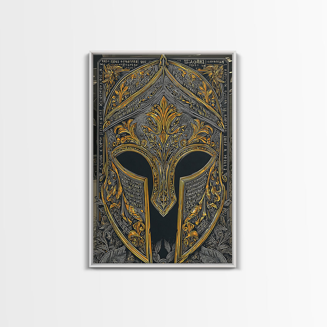 Floral Greco-Roman Helmet with Scripted Detail – Canvas Gold Art, Real Wood Framed Canvas Art, Ornate Classical Warrior Print