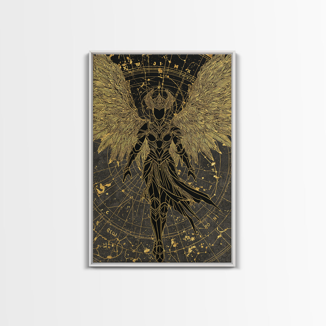 Celestial Angel Warrior, Astral Mythology Wall Art, Canvas Gold Canvas Print, Fantasy Decor, Cosmic Figure, Wood Frame
