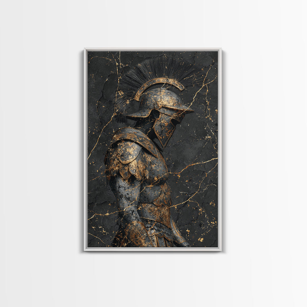 Roman Soldier Statue, Canvas Gold Canvas Print, Ancient Warrior Wall Art, Real Wood Frame, Luxury Mythology Home Decor