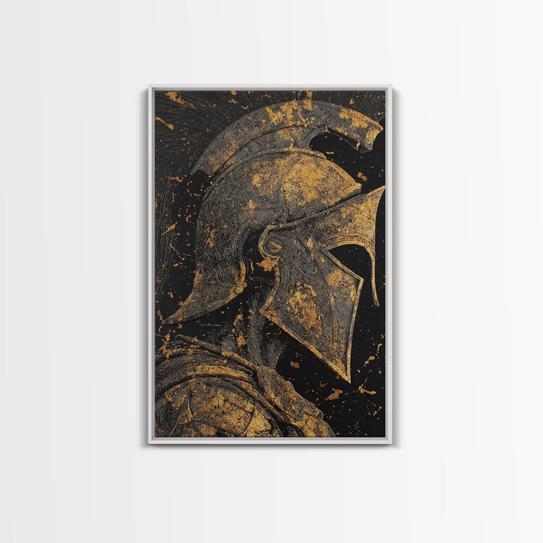 Greek Warrior Helmet, Canvas Gold Art, Ancient Soldier Wall Print, Mythology Decor, Real Wood Framed Canvas Artwork