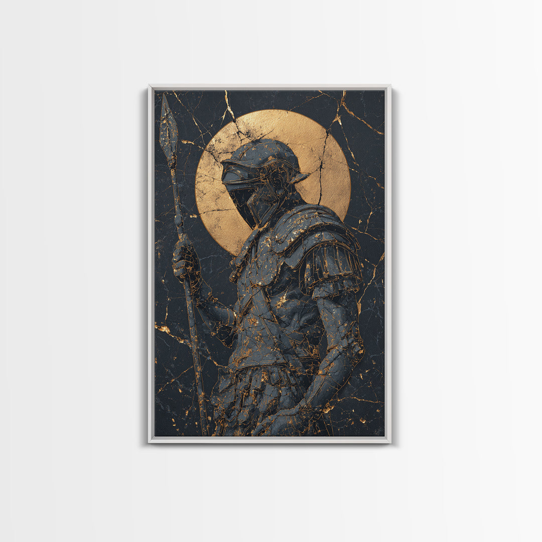 Spartan Warrior With Spear, Canvas Gold Canvas Print, Ancient Soldier Wall Art, Real Wood Frame Decor, Luxury Mythology