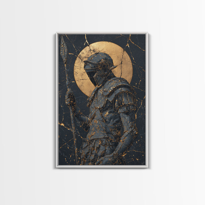 Spartan Warrior With Spear, Canvas Gold Canvas Print, Ancient Soldier Wall Art, Real Wood Frame Decor, Luxury Mythology