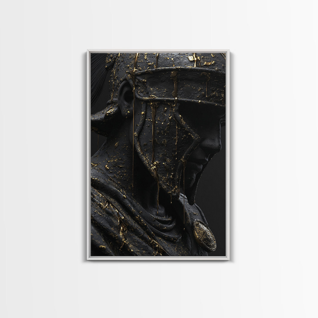 Spartan Warrior Bust, Canvas Gold Art, Ancient Helmet Canvas Print, Real Wood Frame Wall Decor, Luxury Mythology Artwork