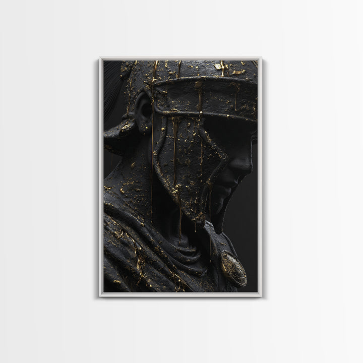 Spartan Warrior Bust, Canvas Gold Art, Ancient Helmet Canvas Print, Real Wood Frame Wall Decor, Luxury Mythology Artwork