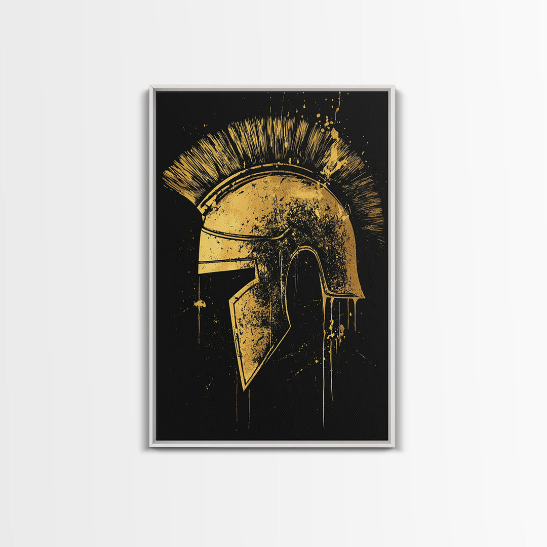 Spartan Helmet Illustration, Canvas Gold Canvas Print, Ancient Warrior Wall Art, Real Wood Framed Mythology Decor