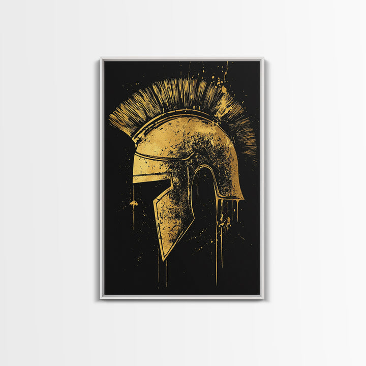 Spartan Helmet Illustration, Canvas Gold Canvas Print, Ancient Warrior Wall Art, Real Wood Framed Mythology Decor
