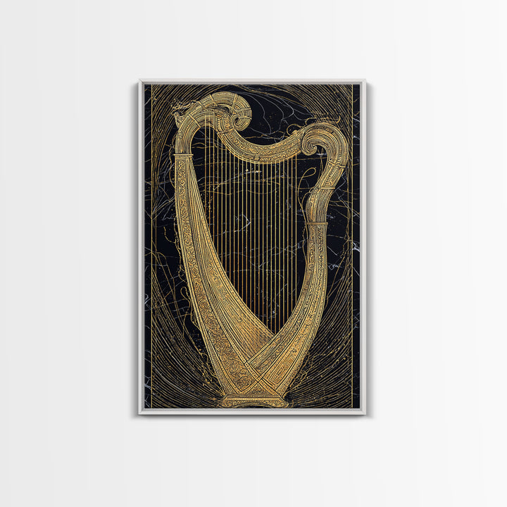 Golden Harp on Marble with Ornamental Lines – Canvas Gold Art, Canvas Art in Real Wood Frame, Classical Music Instrument Decor
