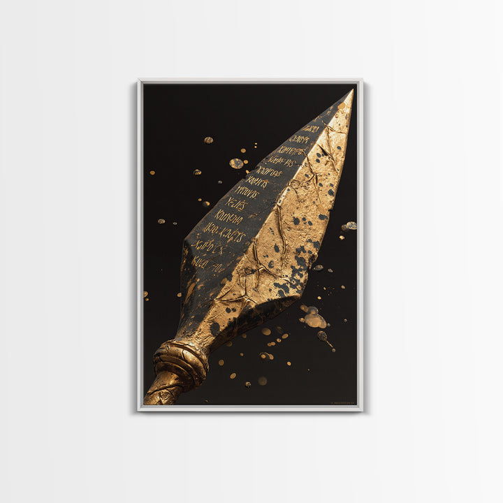 Inscribed Greek Spearhead in Motion Splash – Canvas Gold Art, Warrior Weapon Real Wood Framed Canvas Art, Spartan Weapon Decor