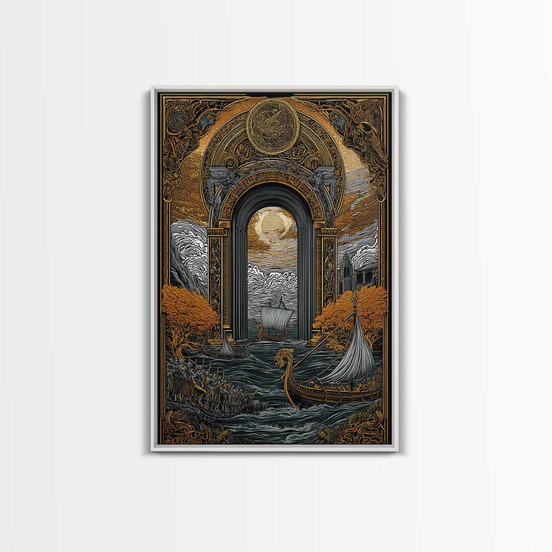 Viking Longships Through Mythic Gate – Canvas Gold Art, Epic Seafaring Canvas Art in Real Wood Frame, Norse Voyage Wall Print