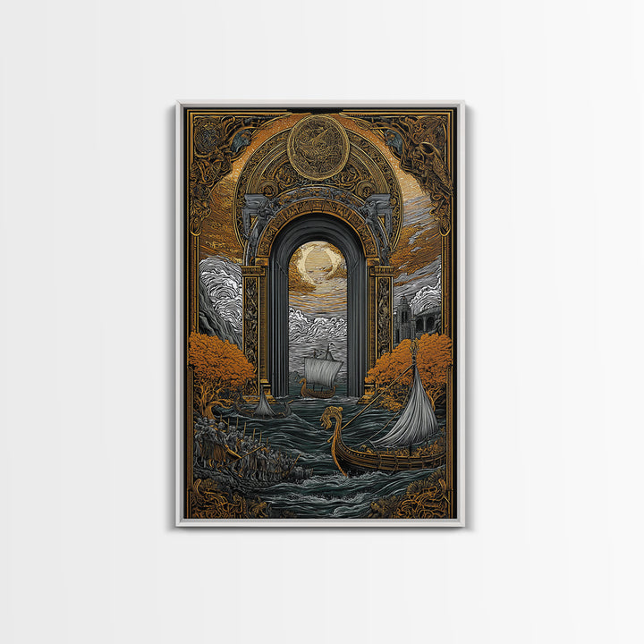 Viking Longships Through Mythic Gate – Canvas Gold Art, Epic Seafaring Canvas Art in Real Wood Frame, Norse Voyage Wall Print