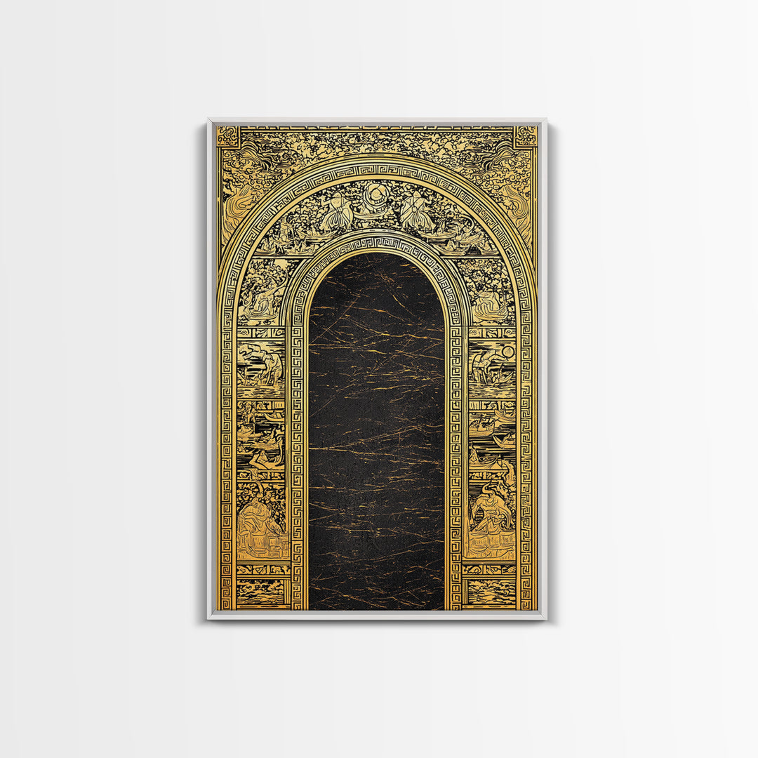 Ancient Greek Archway with Myth Scenes – Canvas Gold Art, Classical Panel Canvas Art with Real Wood Frame, Temple Wall Decor