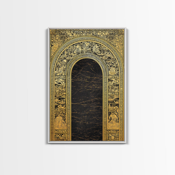 Ancient Greek Archway with Myth Scenes – Canvas Gold Art, Classical Panel Canvas Art with Real Wood Frame, Temple Wall Decor