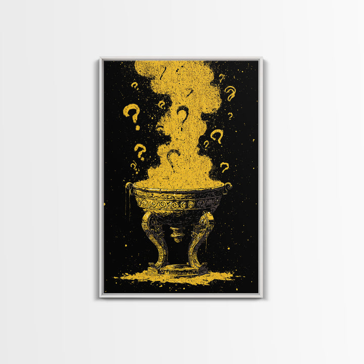 Golden Oracle Bowl with Rising Smoke – Canvas Gold Art, Mystical Ritual Canvas Art Framed in Real Wood, Ancient Prophecy Decor