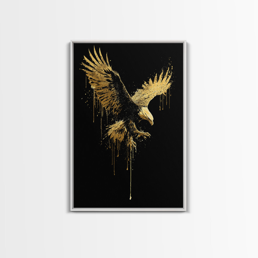 Flying Gold Splatter Eagle in Mid-Descent – Canvas Gold Art, Real Wood Framed Canvas Art, Dynamic Bird of Prey Wall Statement