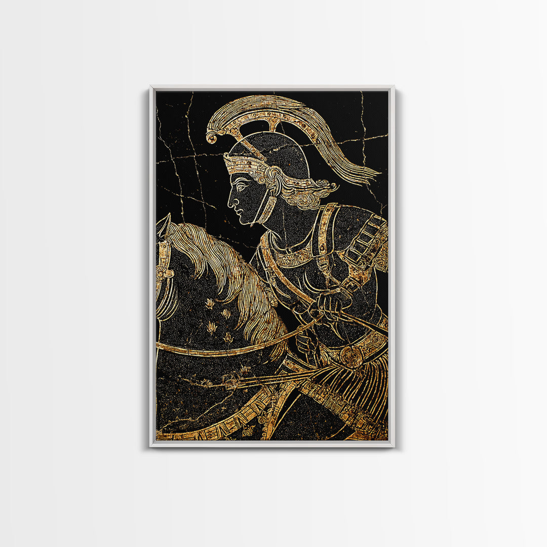 Ancient Greek Vase-Inspired Horseback Warrior – Canvas Gold Art, Classic Antiquity Linework Canvas Art, Mythic Wall Decor