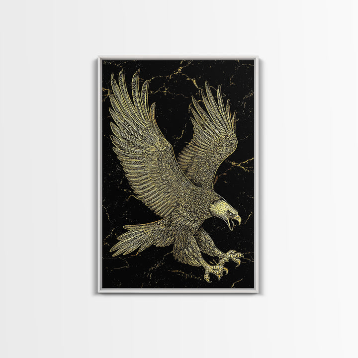 Detailed Golden Eagle with Spread Wings – Canvas Gold Art, Precision Linework Canvas Art in Real Wood Frame, Regal Animal Decor