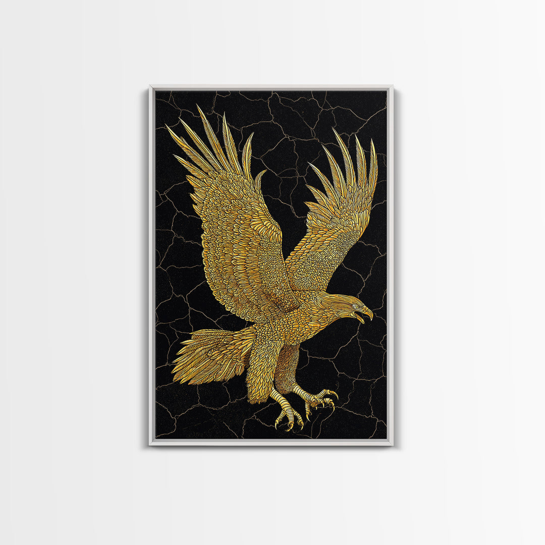 Golden Eagle Canvas Art, Canvas Print in Canvas Gold, Framed Canvas Wall Art with Real Wood Frame, Black Background Luxury Wildlife Decor