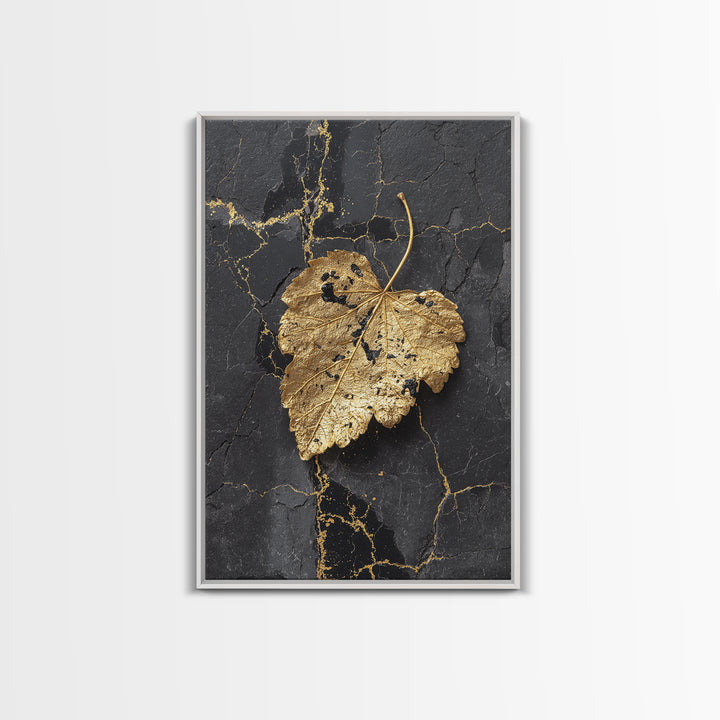 Gold Leaf on Black Marble Canvas Art, Canvas Gold Canvas Print, Framed Canvas Wall Art with Real Wood Frame, Minimalist Modern Decor