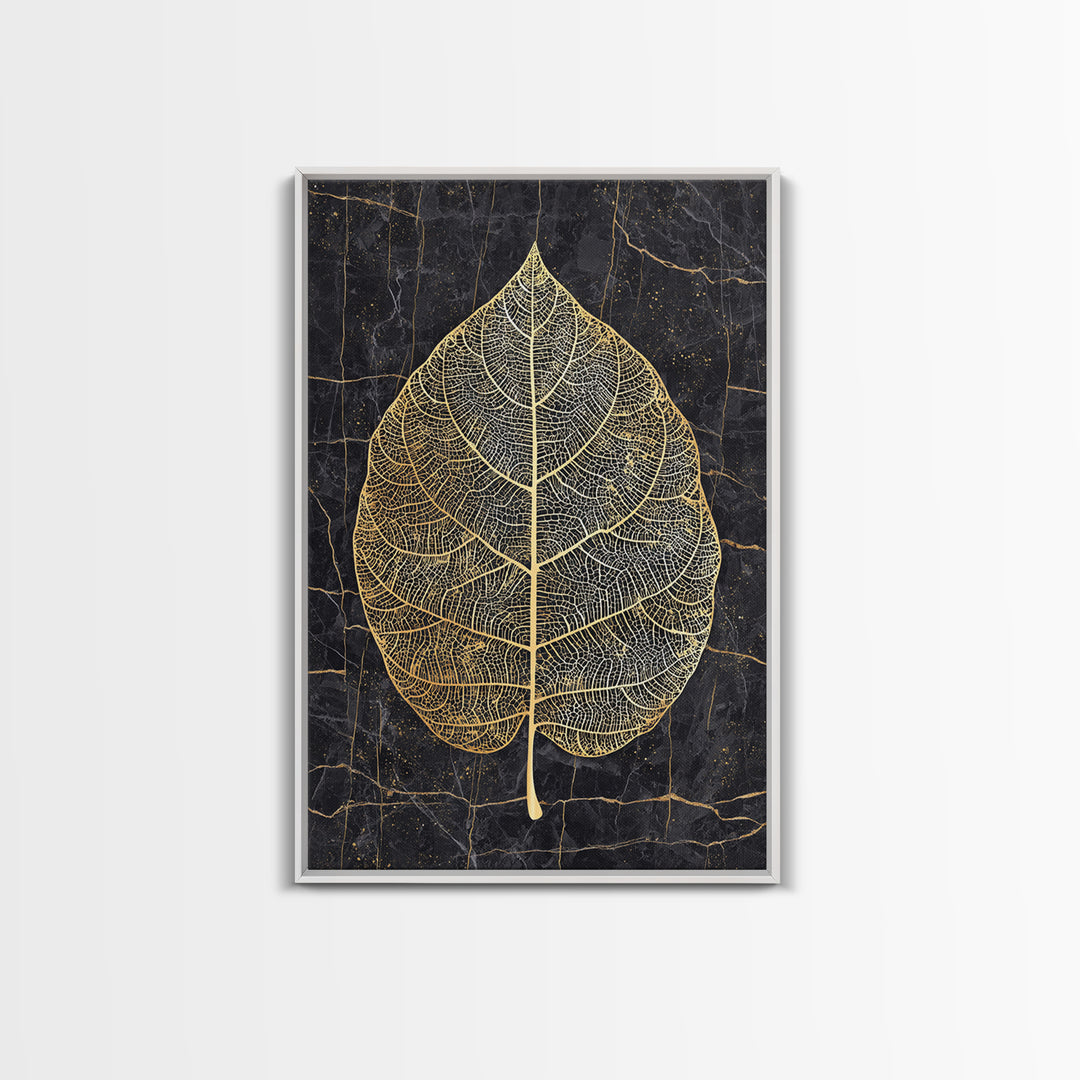 Skeleton Leaf Botanical Canvas Art, Canvas Gold Canvas Print, Framed Canvas Wall Art with Real Wood Frame, Black Marble Nature Decor