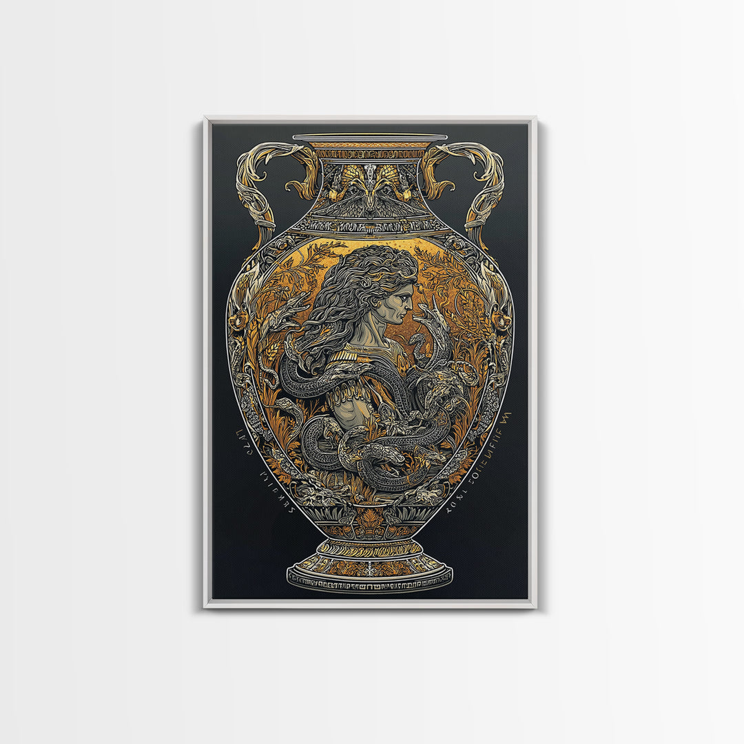 Medusa Greek Vase Canvas Art, Canvas Gold Canvas Print, Framed Canvas Wall Art with Real Wood Frame, Mythology Classical Decor