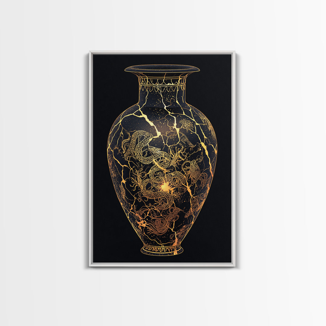 Kintsugi Serpent Vase Canvas Art, Canvas Gold Canvas Print, Framed Canvas Wall Art with Real Wood Frame, Celestial Night Sky Decor