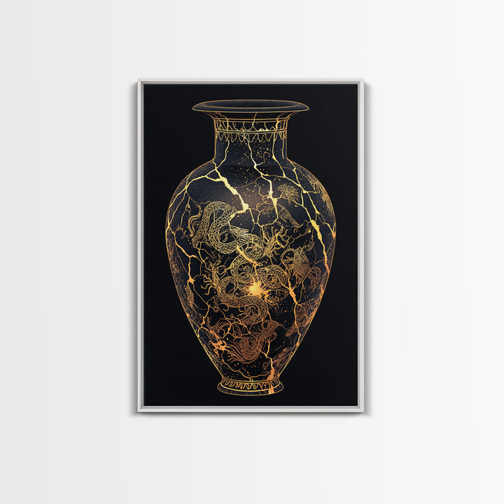 Kintsugi Serpent Vase Canvas Art, Canvas Gold Canvas Print, Framed Canvas Wall Art with Real Wood Frame, Celestial Night Sky Decor
