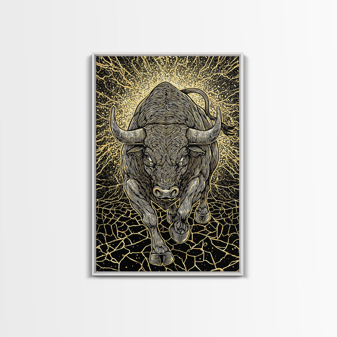 Charging Bull Canvas Art, Canvas Gold Canvas Print, Framed Canvas Wall Art with Real Wood Frame, Powerful Animal Gallery Decor