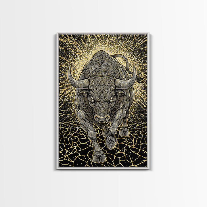 Charging Bull Canvas Art, Canvas Gold Canvas Print, Framed Canvas Wall Art with Real Wood Frame, Powerful Animal Gallery Decor