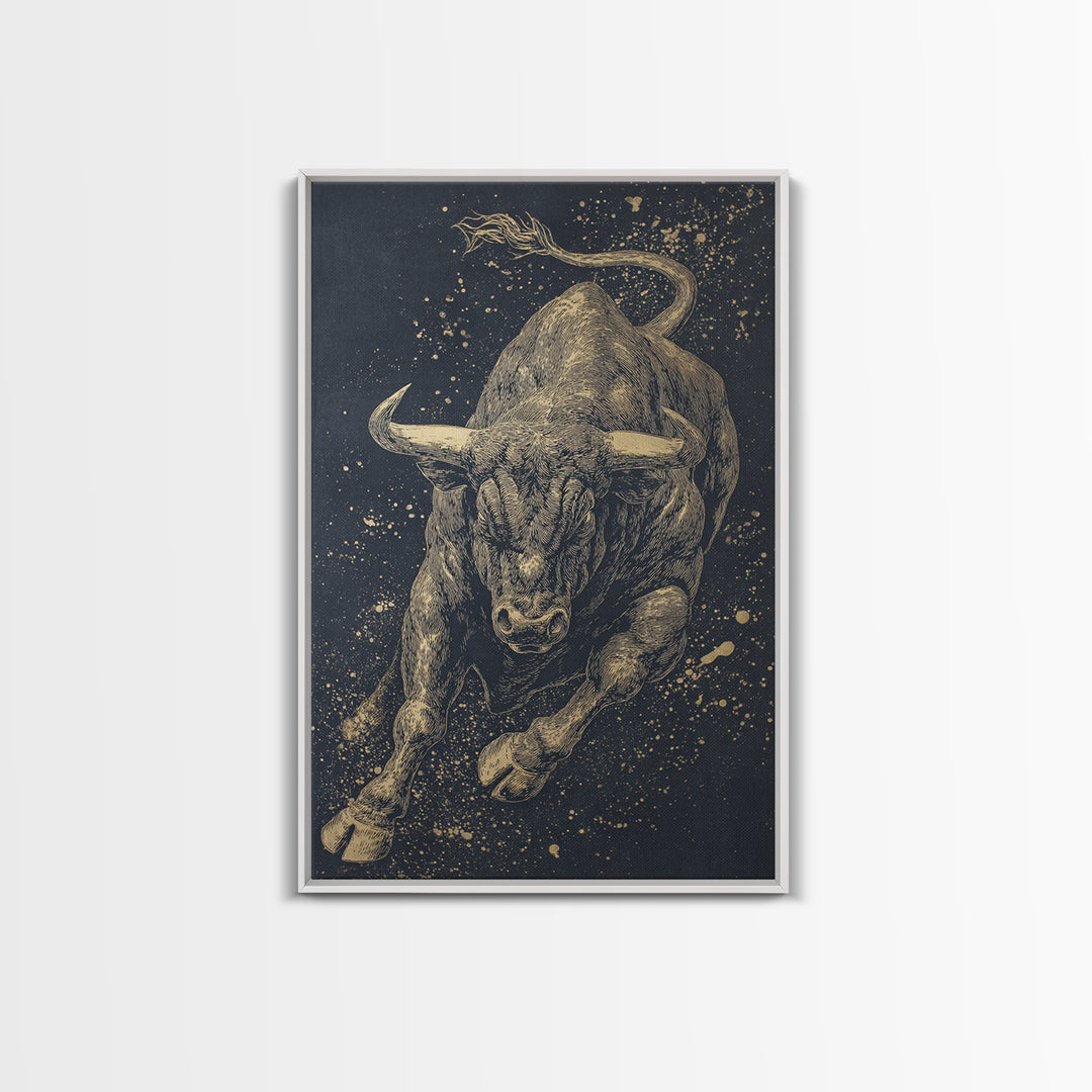 Leaping Bull Canvas Art, Canvas Gold Canvas Print, Framed Canvas Wall Art with Real Wood Frame, Dynamic Animal Modern Decor