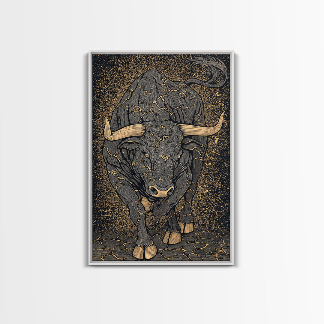 Cracked Stone Bull Canvas Art, Canvas Gold Canvas Print, Framed Canvas Wall Art with Real Wood Frame, Textured Cosmic Decor