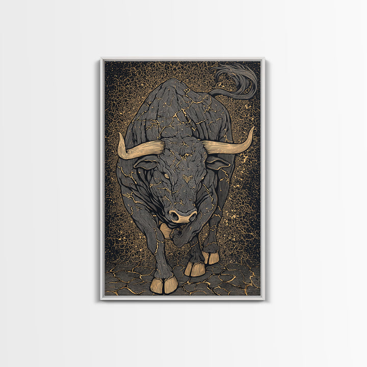 Cracked Stone Bull Canvas Art, Canvas Gold Canvas Print, Framed Canvas Wall Art with Real Wood Frame, Textured Cosmic Decor