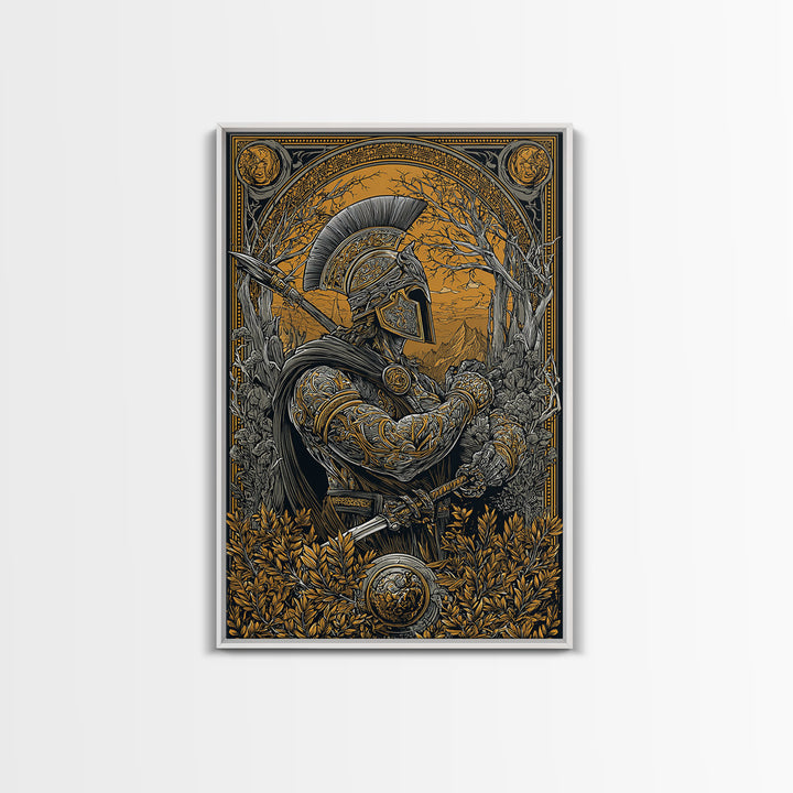 Spartan Soldier in Ornate Armor with Spear – Canvas Gold Art, Intricate Canvas Art Print, Classical Greece Wall Hanging