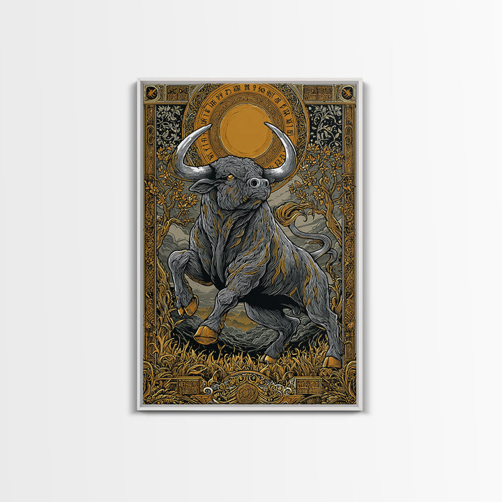 Taurus Zodiac Bull Canvas Art, Canvas Gold Canvas Print, Framed Canvas Wall Art with Real Wood Frame, Ornate Mythic Gallery Decor
