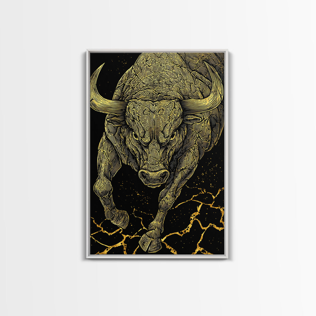 Charging Bull Canvas Gold Canvas Print, Framed Canvas Wall Art with Real Wood Frame, Dynamic Black and Gold Animal Decor