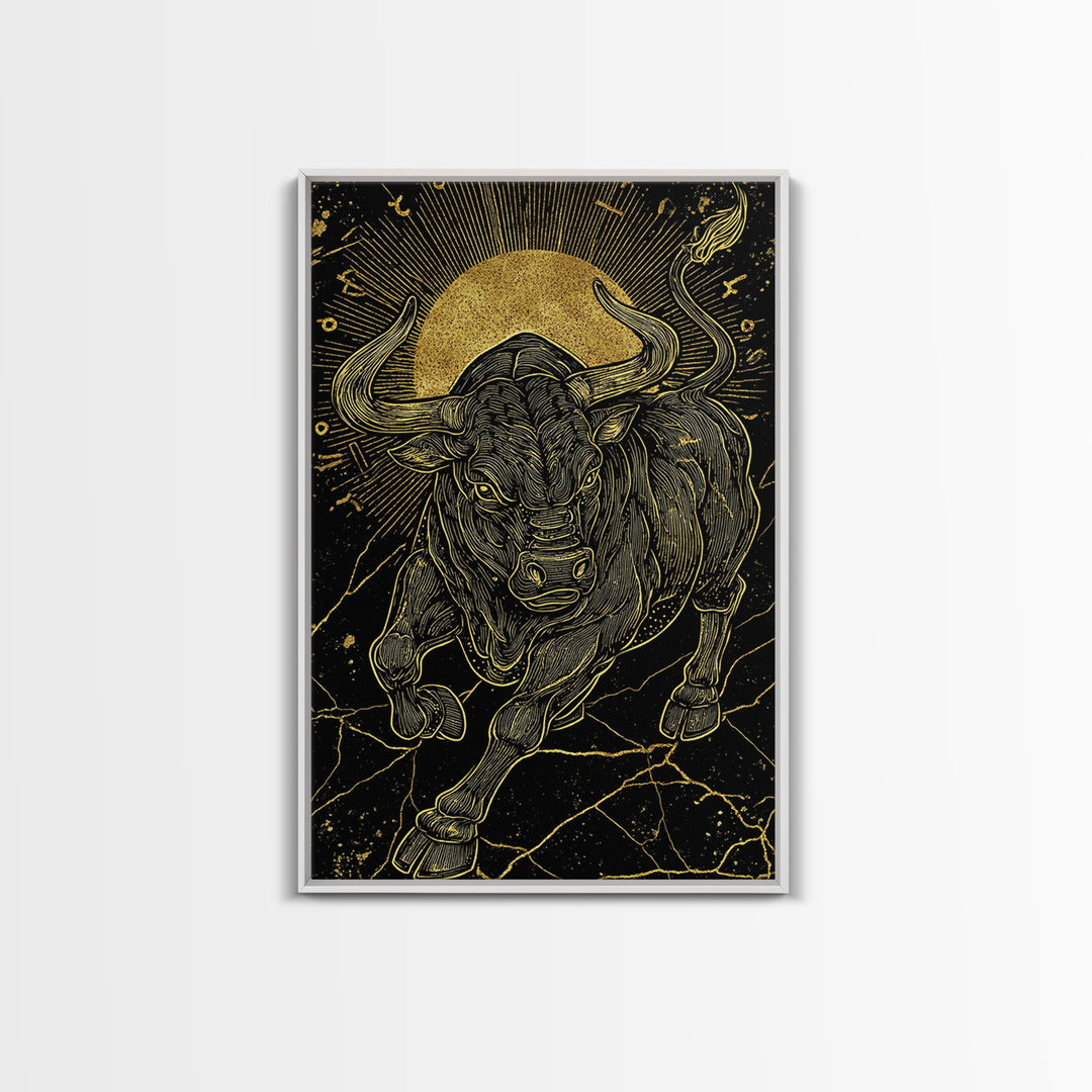 Taurus Bull Canvas Gold Canvas Print, Framed Canvas Wall Art with Real Wood Frame, Zodiac Sun Disc Black and Gold Gallery Decor