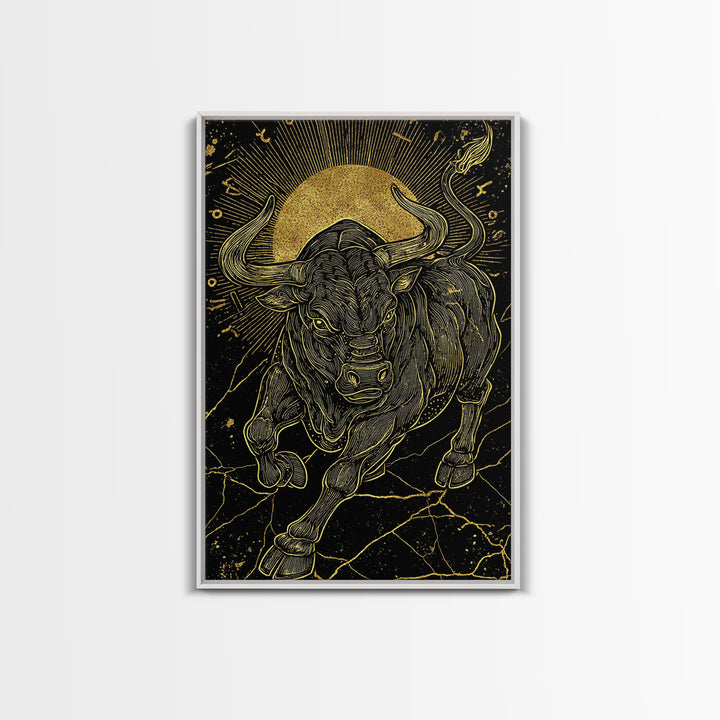Taurus Bull Canvas Gold Canvas Print, Framed Canvas Wall Art with Real Wood Frame, Zodiac Sun Disc Black and Gold Gallery Decor