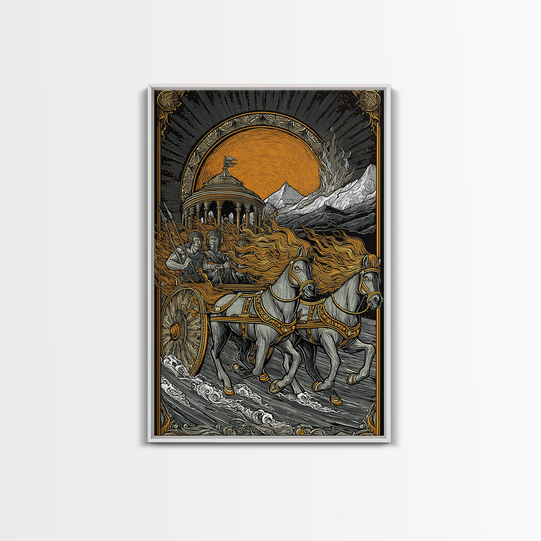 Sun Chariot Canvas Gold Canvas Print, Framed Canvas Wall Art with Real Wood Frame, Greek Myth Apollo Helios Horses Statement Decor