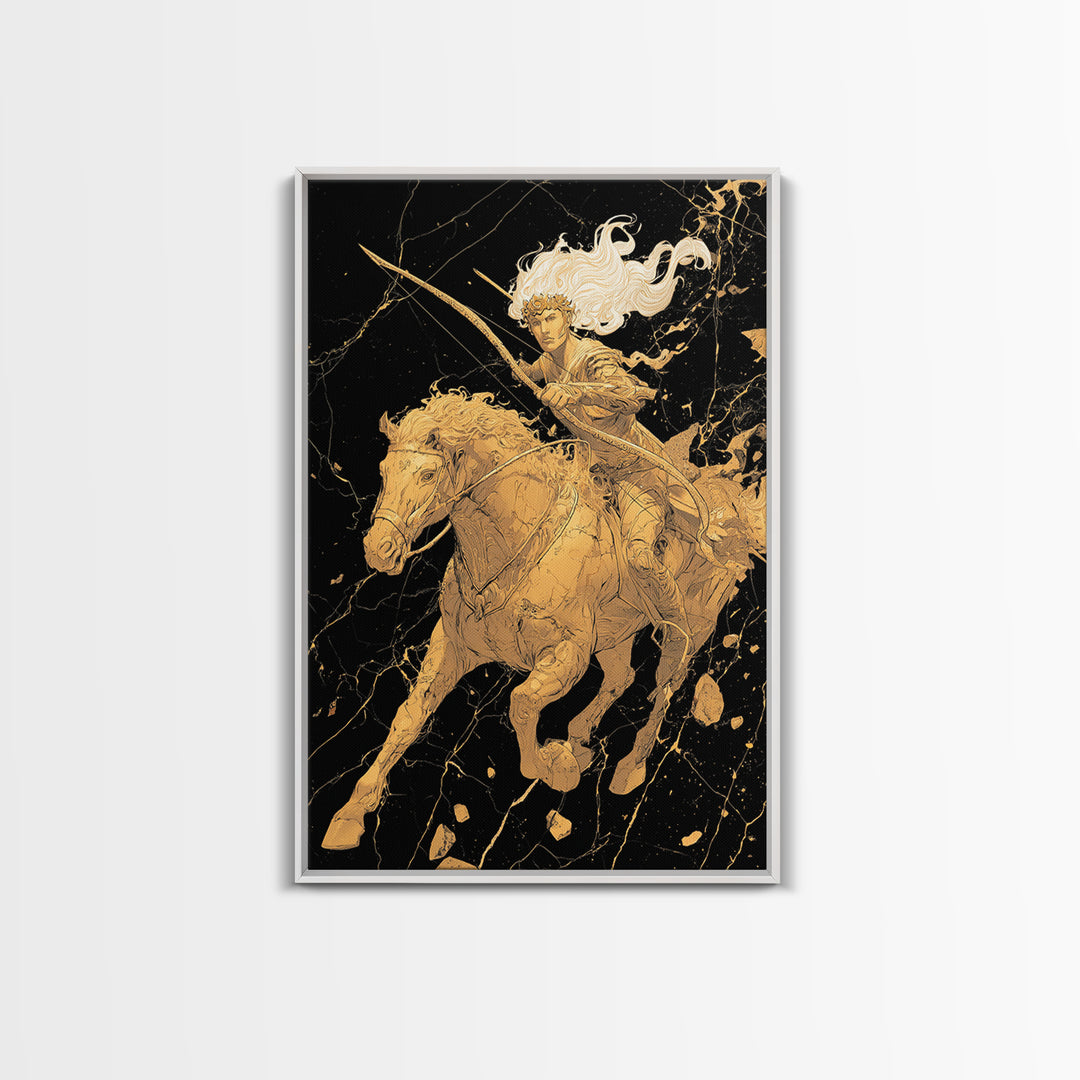 Huntress on Horse Canvas Gold Canvas Print, Framed Canvas Wall Art with Real Wood Frame, Warrior Goddess Archer Black Gold Decor