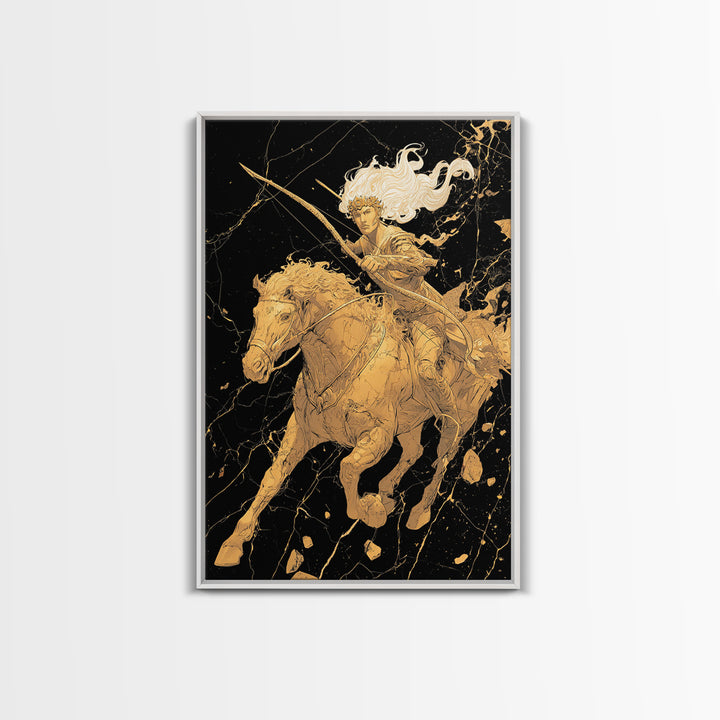 Huntress on Horse Canvas Gold Canvas Print, Framed Canvas Wall Art with Real Wood Frame, Warrior Goddess Archer Black Gold Decor