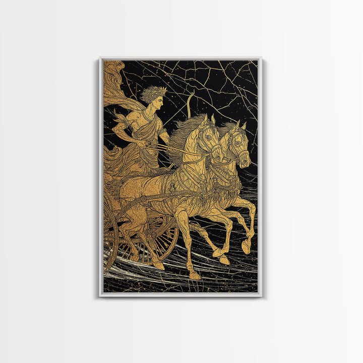 Apollo Sun Chariot Canvas Gold Canvas Print, Framed Canvas Wall Art with Real Wood Frame, Classical Greek God Horses Wall Decor