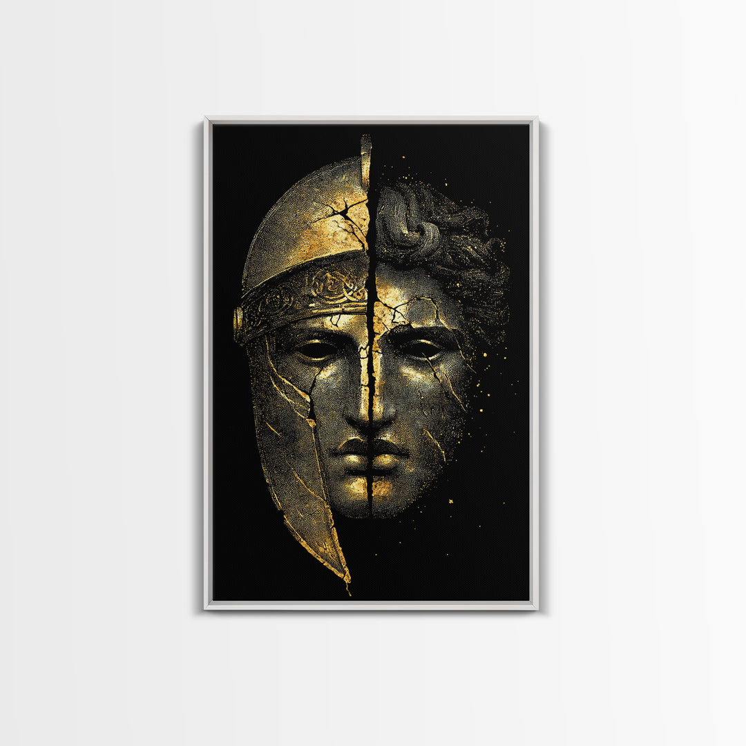 Ancient Warrior Mask Canvas Gold Canvas Print, Framed Canvas Wall Art with Real Wood Frame, Greek Helmet Cracked Kintsugi Decor