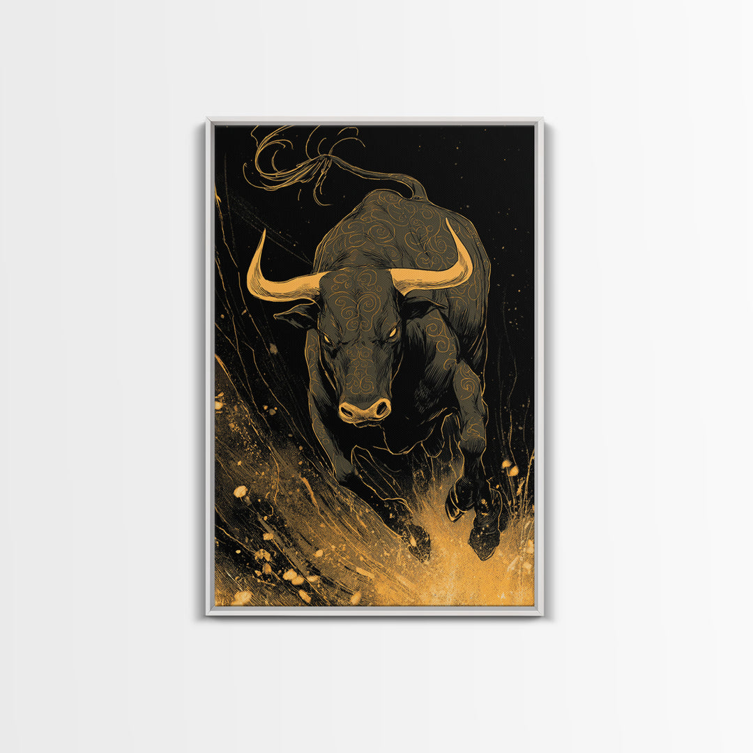 Bull Splash Canvas Gold Canvas Print, Framed Canvas Wall Art with Real Wood Frame, Powerful Charging Animal Black Gold Decor